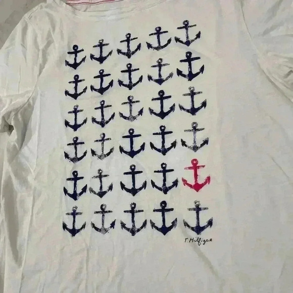 Tommy Hilfiger White Short Sleeve Anchor Print Graphic T-Shirt Top Womens Large - Picture 2 of 5